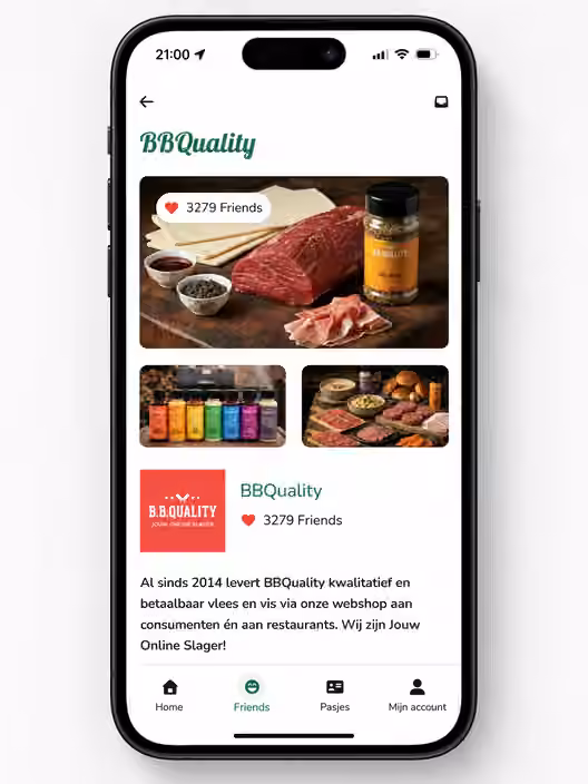 Telefoonvoorbeeld van de Friends-bedrijfspagina van BBQuality