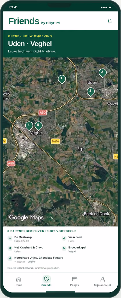 Friends by BillyBird: stilstaande regiokaart Uden-Veghel met vijf gebiedspins voor acht voorbeeldpartners: De Mastworp, Visscherie, Het Kaashuis, Cravt, Noordkade Uitjes, The Chocolate Factory, Industry en Broederkapel. Onderin Home, Friends, Pasjes en Mijn account.